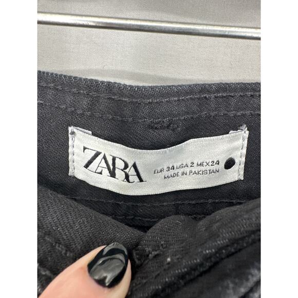 Zara Jeans Womens 2 Black Wide Leg High Rise Stretch Raw Hem - Picture 2 of 8